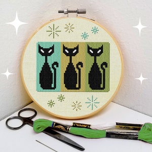 Mid-century retro cat cross stitch kit atomic era beginner design by Maude comes with or without embroidery hoop