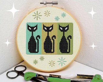 Mid-century retro cat cross stitch kit atomic era beginner design by Maude comes with or without embroidery hoop