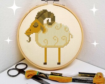 Mountain goat cross stitch pattern Aries ram DIY gift idea. Mid-century modern, retro style pdf download by Maude