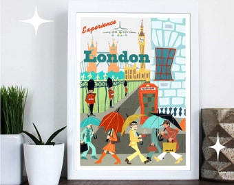 Mid-century modern London art poster print vintage style travel painting by Maude. Available in multiple sizes small 8x10 to  large 24x32