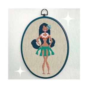 Tiki Hula Girl cross stitch pattern pdf download in mid-century modern style by Maude