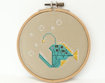 Anglerfish retro cross stitch pattern instant download small needlepoint Mid Century modern style by Maude inspired by Charley Harper