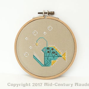 Anglerfish retro cross stitch pattern instant download small needlepoint Mid Century modern style by Maude inspired by Charley Harper