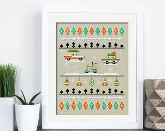 Christmas Cross Stitch Pattern Sampler Mid Century Modern PDF download 1950s retro cars and bulbs by Maude