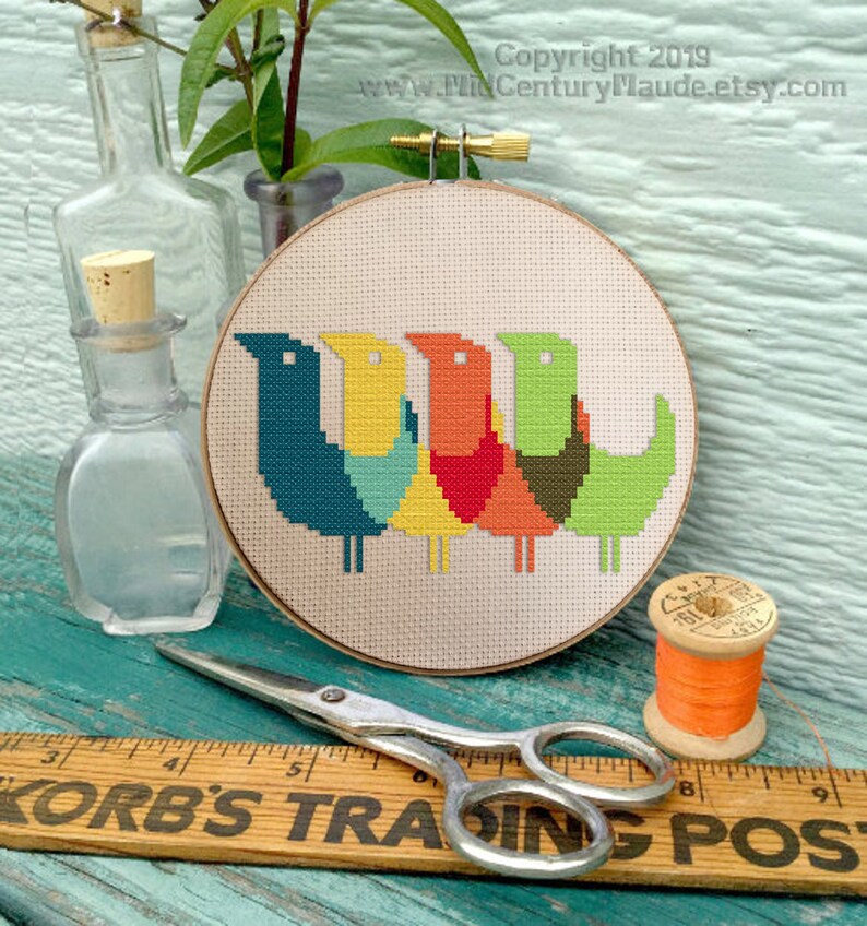 Beginner cross stitch kit retro mid century modern birds with Etsy