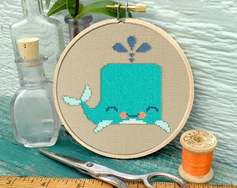 Whale cross stitch pattern cute baby nursery art project download by Mid Century Maude