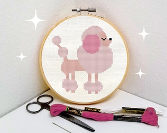 Poodle cross stitch pattern pink French dog PDF download small easy great for beginners by Mid-Century Maude