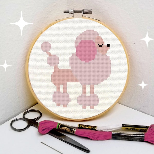 Poodle cross stitch pattern pink French dog PDF download small easy great for beginners by Mid-Century Maude