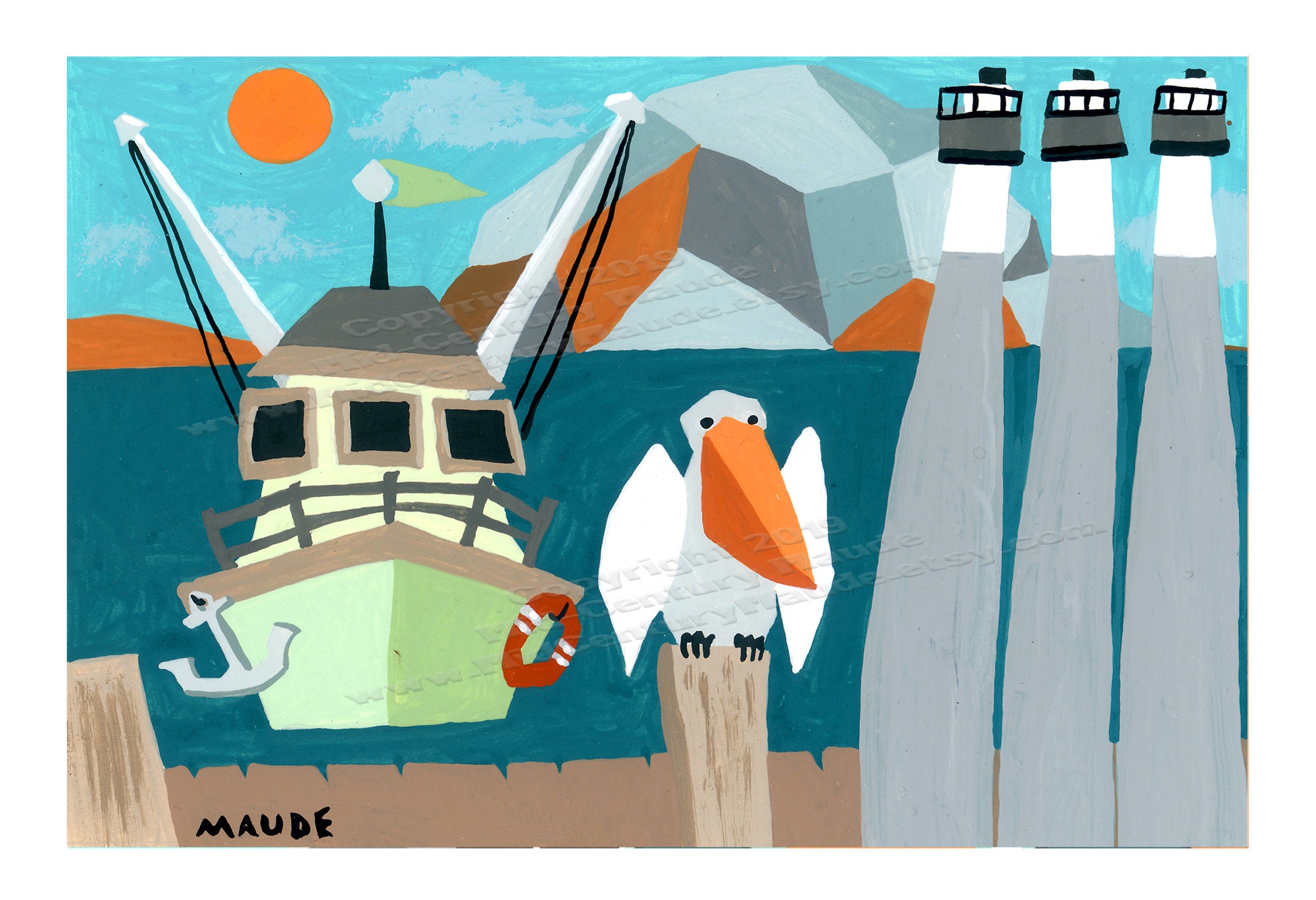 Morro Bay art print pelican and fishing boat painting mid Etsy