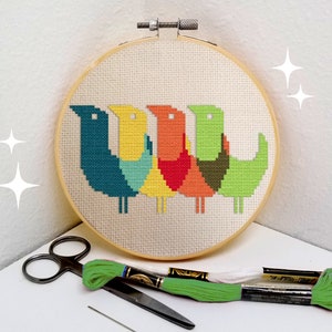 Mid-century birds cross stitch pattern download retro, modern, easy beginner design by Maude