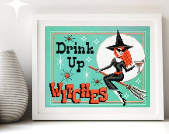 Halloween witch cross stitch pattern download. Retro, modern style design "Drink up Witches" by Mid-Century Maude