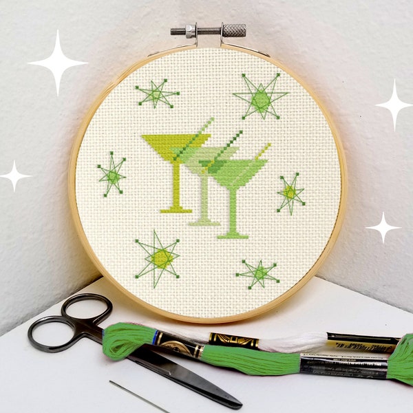 Cocktails retro cross stitch pattern mid century modern martini's with atomic era style instant download PDF by Maude