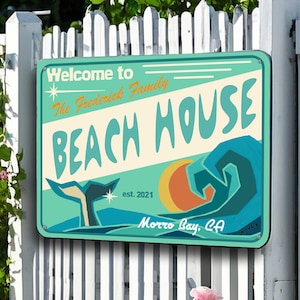 Letrero personalizado para casa de playa - Estilo retro turquesa con olas del océano y cola de ballena - Placa metálica con nombre familiar