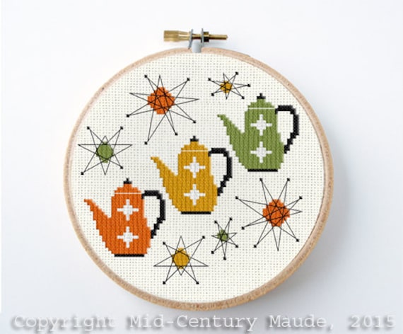 Tea Pot Cross Stitch Pattern Retro Design Instant Download Needlepoint Mid  Century Modern Atomic Era Style 