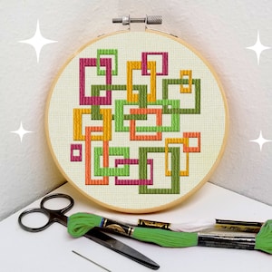 Geometric cross stitch pattern mid century modern retro linked squares easy small and great for beginners needlepoint