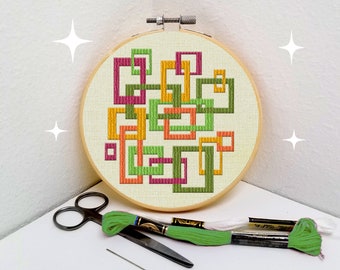 Geometric cross stitch pattern mid century modern retro linked squares easy small and great for beginners needlepoint