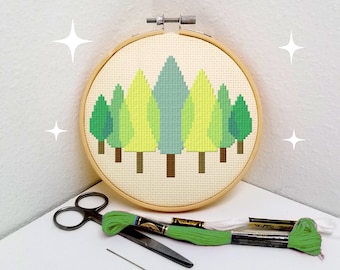 Retro trees geometric cross stitch pattern download. Mid-century modern forest design by Maude. Small, easy needlepoint great for beginners