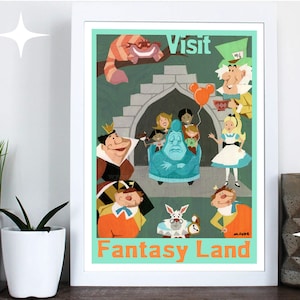 Disneyland Art Print Alice in Wonderland Poster Mid-Century Modern | retro Fantasyland painting by Maude | choose size
