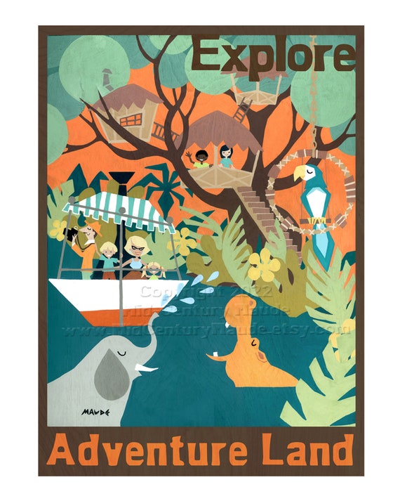 Retro Jungle Cruise Adventureland Art Print - Mid Century Modern