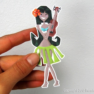Hula girl sticker vinyl decal vintage style Hawaiian tiki dancer with ukulele. Retro mid century modern waterproof car or bumper by Maude