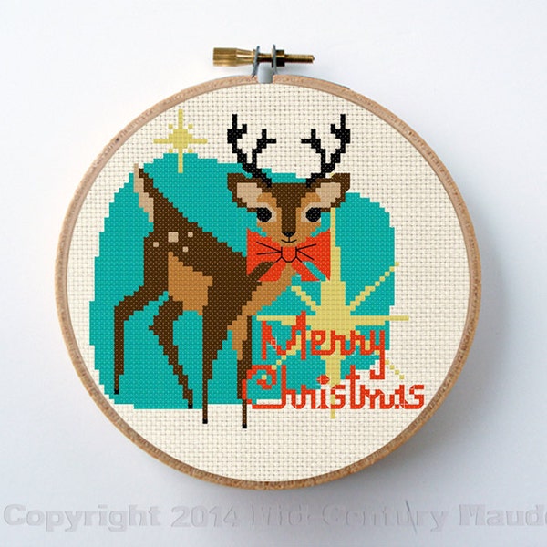 Retro cross stitch pattern Christmas reindeer mid century modern vintage style by Maude PDF download needlepoint embroidery