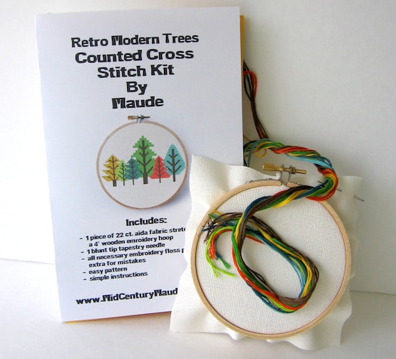 Retro trees beginner mid-century modern cross stitch kit