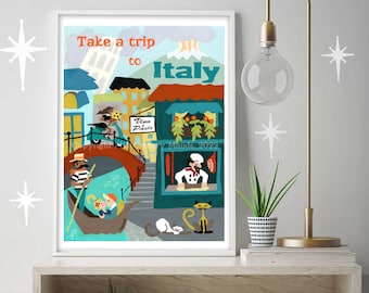 Peinture italienne. Affiche d'art mural imprimée par Maude dans un style Mid-Century moderne, vintage, rétro et voyageur. Disponible en plusieurs tailles