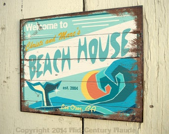 Strand Hausschild personalisiert Outdoor Mitte des Jahrhunderts modern individuell aus Holz retro vintage 1950er Jahre Stil