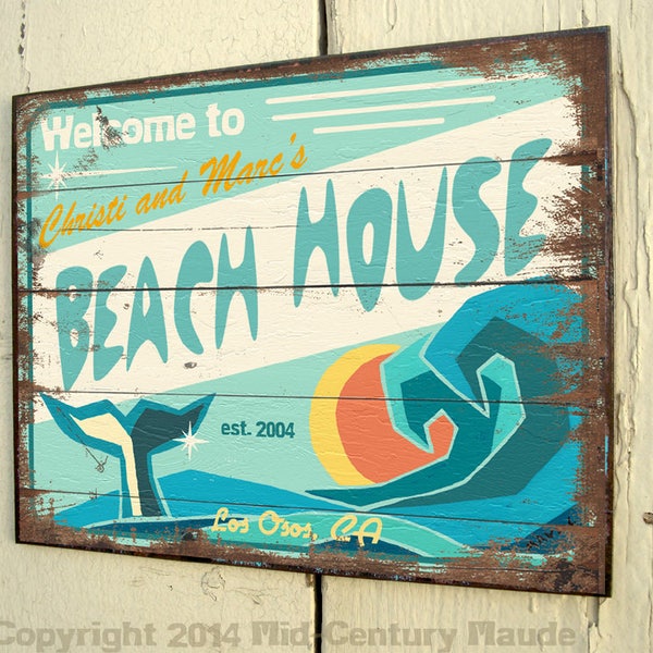 Plaque de maison de plage personnalisée extérieure du milieu du siècle en bois sur mesure moderne rétro vintage des années 1950