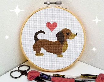 Dachshund cross stitch pattern Weiner dog retro small easy beginner pdf download embroidery needlepoint chart by Mid Century Maude