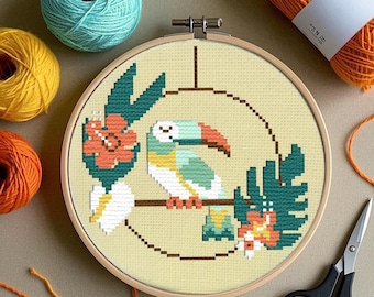 Tiki Tukan Vogel Kreuzstichpackung. Anfängerfreundlich, leicht, retro Design von Maude