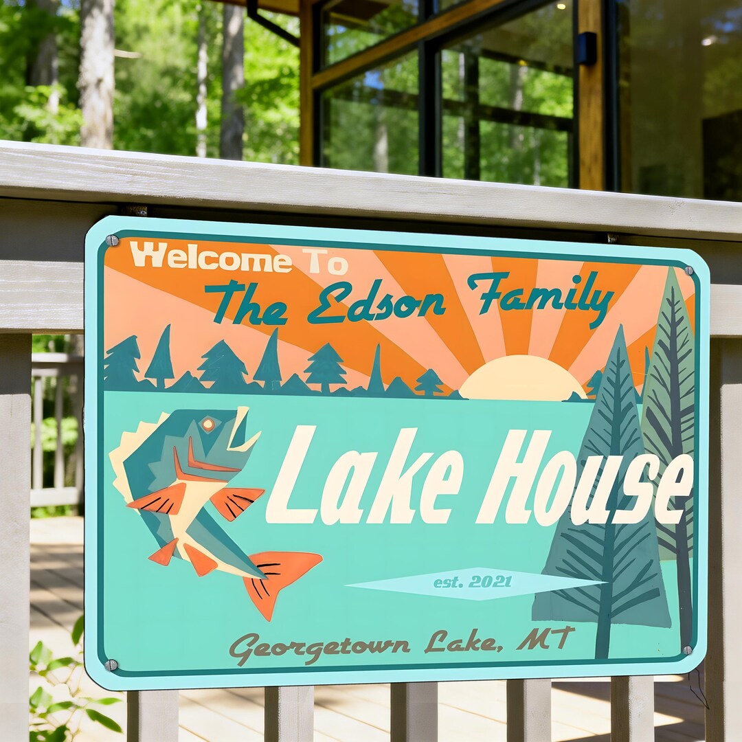 Personalized Lake House Metal Outdoor Sign - Nostalgic Mid Century ...