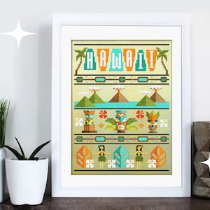 Hawaii Cross Stitch Pattern | retro Hawaiian mid-century modern pdf sampler download by Maude