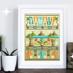 Hawaii cross stitch pattern retro tiki Hawaiian mid century modern sampler PDF download by Mid-Century Maude