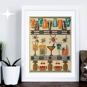 Mid-century modern kruissteekpatroon retro cocktails sampler PDF-download door Maude