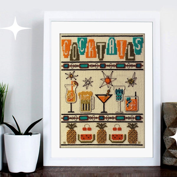 Mid-century modern cross stitch pattern retro cocktails sampler PDF download by Maude