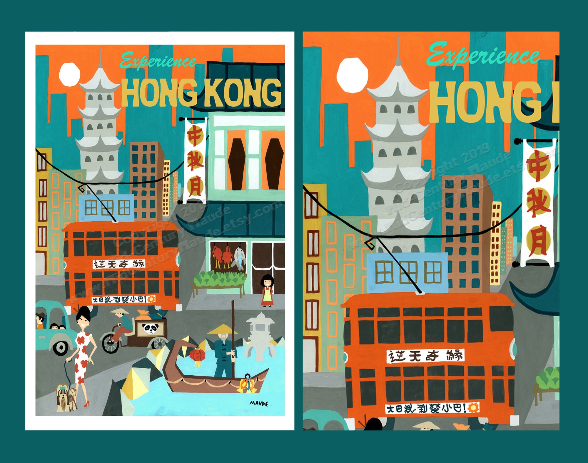 Hong Kong print poster art travel painting vintage mid century Etsy