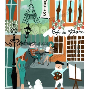 May include: A whimsical illustration of a Parisian street scene. The Eiffel Tower is in the background, with a cafe and figures enjoying the day. A woman walks a poodle, and an artist paints at an easel. The sign reads "Paris".