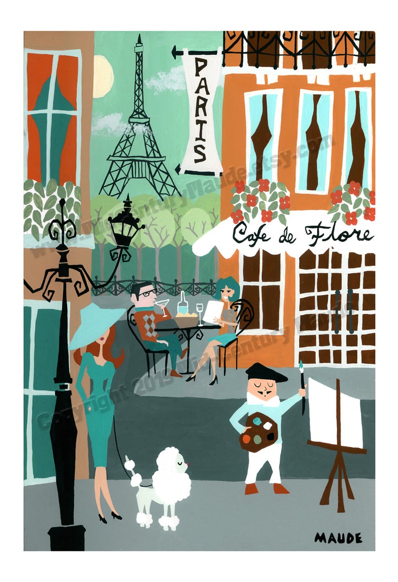 May include: A whimsical illustration of a Parisian street scene. The Eiffel Tower is in the background, with a cafe and figures enjoying the day. A woman walks a poodle, and an artist paints at an easel. The sign reads "Paris".