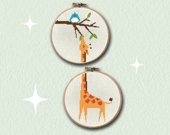 Giraffe cross stitch pattern PDF mid century modern retro easy needlepoint great for beginners by Maude