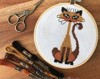 Siamese cat cross stitch pattern mid century retro style pdf download small easy good for beginner by Maude