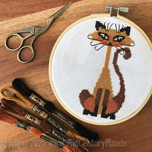 Siamese cat cross stitch pattern mid century retro style pdf download small easy good for beginner by Maude