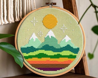 Beginner Mountain Cross Stitch Kit, Easy Colorful Sunset 5 Inch Hoop Option