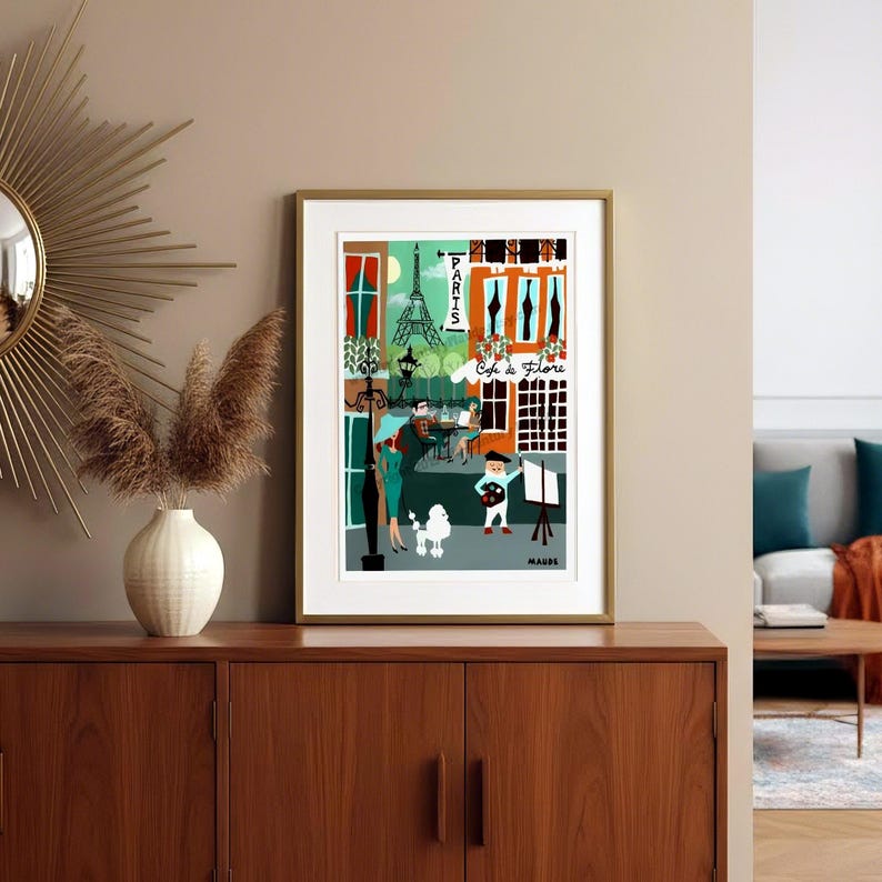Mid Century Modern Paris Art Print | Cafe de Flore & Eiffel Tower Poster image 1