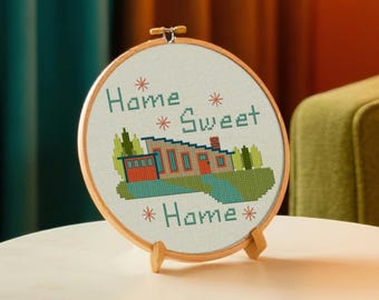 Retro Kreuzstichpackung &quot;Home Sweet Home&quot; | Modernes Mid-Century Housewarming Geschenk | Einfaches DIY Handwerk
