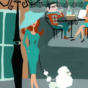 May include: Illustration of a woman in a teal dress and hat, walking a white poodle on a leash. A man in glasses and a woman are seated at a table in the background, enjoying drinks. The scene is set in a stylized outdoor cafe.