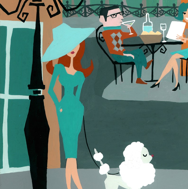 May include: Illustration of a woman in a teal dress and hat, walking a white poodle on a leash. A man in glasses and a woman are seated at a table in the background, enjoying drinks. The scene is set in a stylized outdoor cafe.