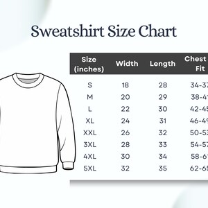 Puede incluir: Un contorno de sudadera blanca junto a una tabla de tallas. La tabla enumera las tallas S a 5XL con medidas en pulgadas para el ancho, el largo y el contorno del pecho. El texto "Sweatshirt Size Chart" est&aacute; en la parte superior.