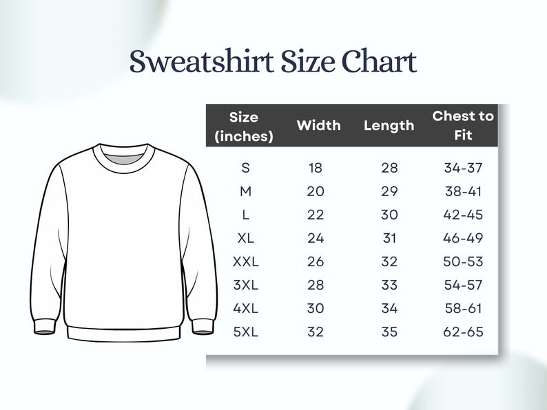Puede incluir: Un contorno de sudadera blanca junto a una tabla de tallas. La tabla enumera las tallas S a 5XL con medidas en pulgadas para el ancho, el largo y el contorno del pecho. El texto "Sweatshirt Size Chart" est&aacute; en la parte superior.
