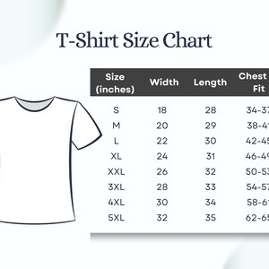Puede incluir: Una tabla de tallas de camisetas con medidas en pulgadas. La tabla incluye tallas de la S a la 5XL, con las medidas correspondientes de ancho, largo y contorno de pecho. El texto "T-Shirt Size Chart" est&aacute; en la parte superior.